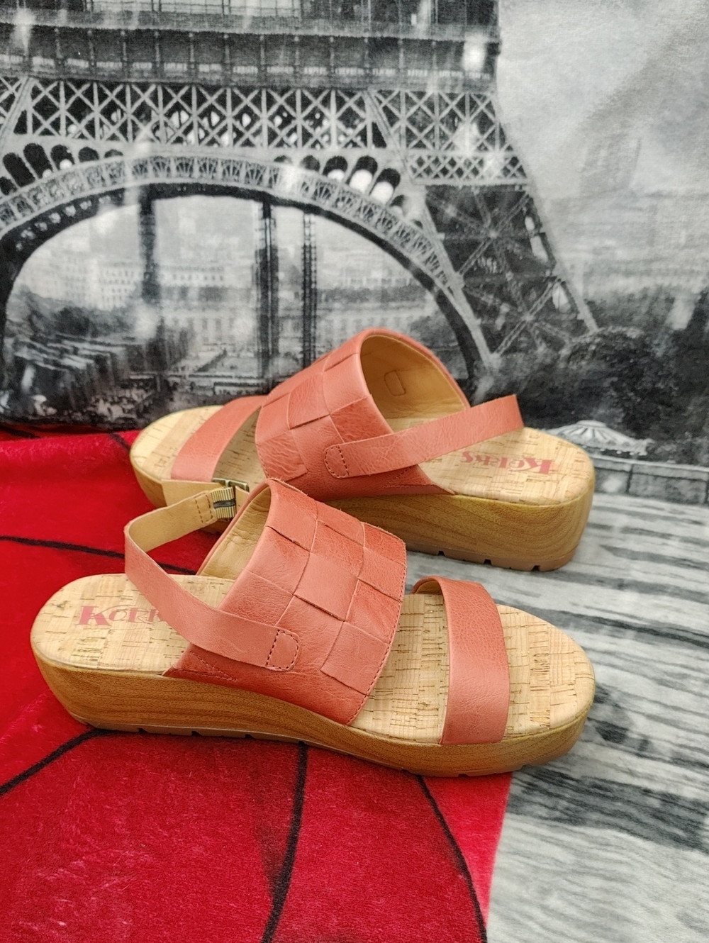 NIB Korks by Kork Ease 9M Fraya Leather Slingback Platform Wedge Sandal Pink